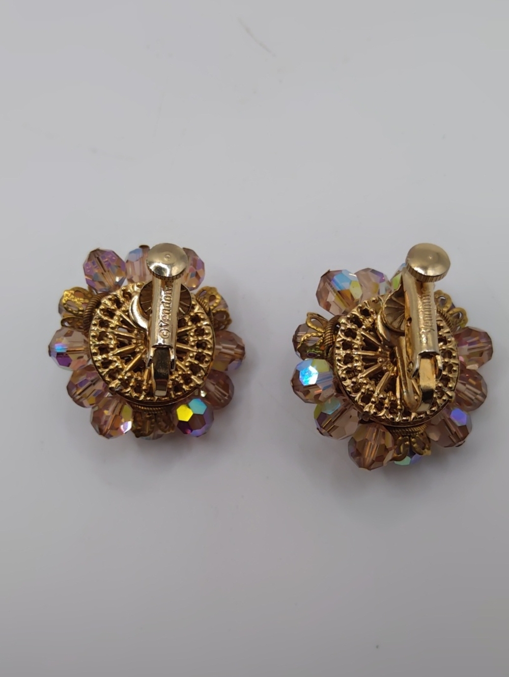 Vendome Champaign AB Crystal and Gold Tone Screw Clip On Earrings Vintage Rare - Picture 6 of 7